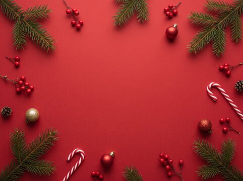 A festive Christmas flat lay composition featuring pine branches, red ornaments, holly berries, and candy canes arranged in a circular frame on a solid vibrant red background, perfect for holiday