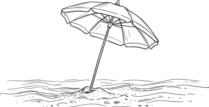 A hand-drawn black and white sketch of a beach umbrella stuck in the sand dunes.
