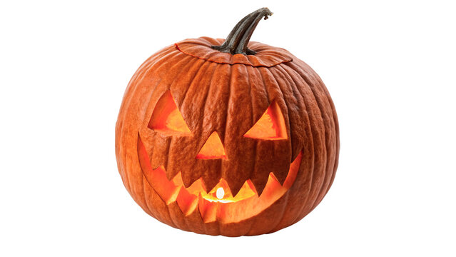 Scary carved Halloween pumpkin jack o lantern glowing face isolated on transparent background