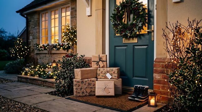 New year gifts and festive wreath at the entrance of a cozy home