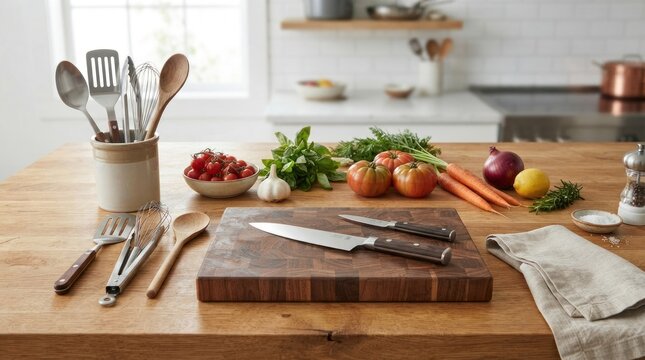 A wooden cutting board with a knife and various vegetables on a kitchen counter.