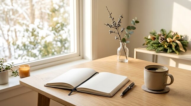 New year planning with open notebook and coffee on wooden table