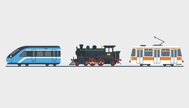 Three types of trains including modern express old steam engine and tram car standing on track side by side.