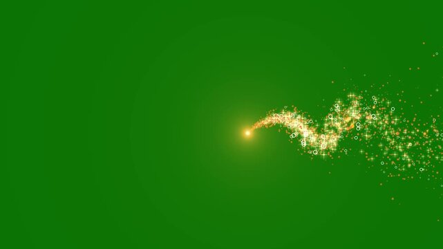 Golden sparkling comet light streak moving from right to left in wavy curved path, magical fairy dust particles trail explosion motion graphic overlay isolated on green background 4K.