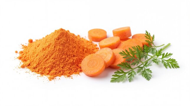 Orange carrot powder and fresh sliced carrots with green leaves