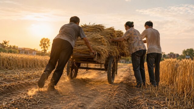 Farmers Pushing a Cart Full of Wheat Straw at Sunset