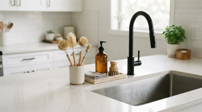 A modern kitchen with a black faucet and white countertops.