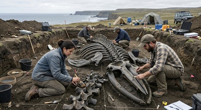 Excavating whale skeleton. Archaeological research and artifact study