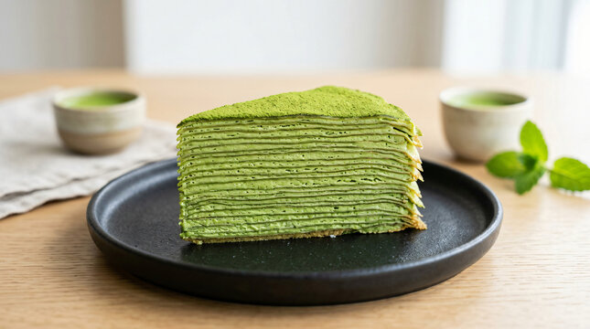 A slice of delicious matcha green tea crepe cake served on a black plate.