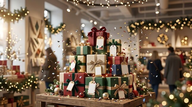 New year festive gift boxes stacked on wooden table with bokeh lights