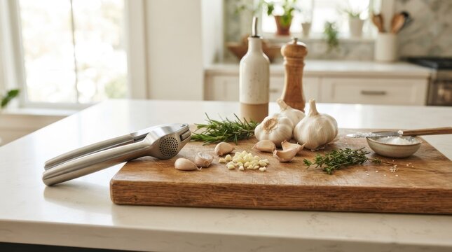 A wooden cutting board with garlic and rosemary on a kitchen counter.