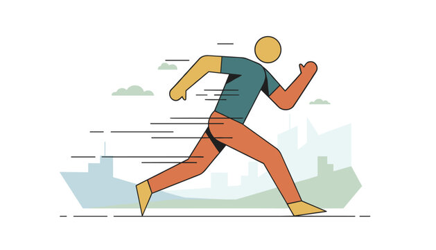 Dynamic cartoon illustration of a determined man sprinting fast through a stylized city park landscape.