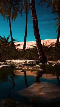 Palm trees stand near a calm body of water in a desert setting. The sun shines down, highlighting the clear blue sky and sandy dunes in the distance. This scene captures natures beauty.