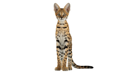 Small wild serval cat kitten sitting full body profile isolated on transparent background © Florence