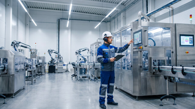 Trabajador industrial supervisando maquinaria avanzada mediante un panel digital dentro de una f&aacute;brica moderna y tecnol&oacute;gica.