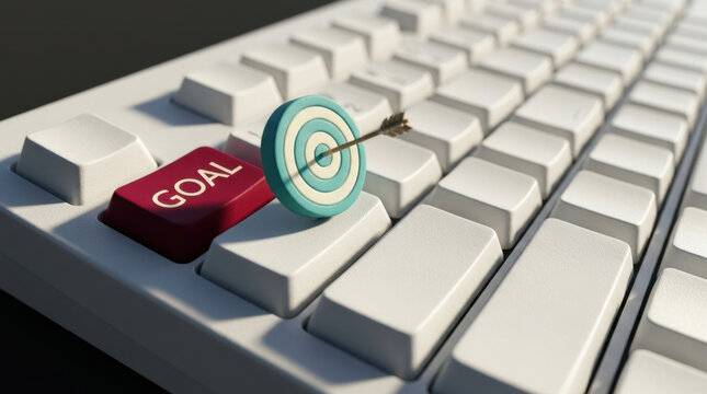 Computer keyboard with colorful goal key target and arrow symbolizing success achievement focus motivation progress and determination in creative concept