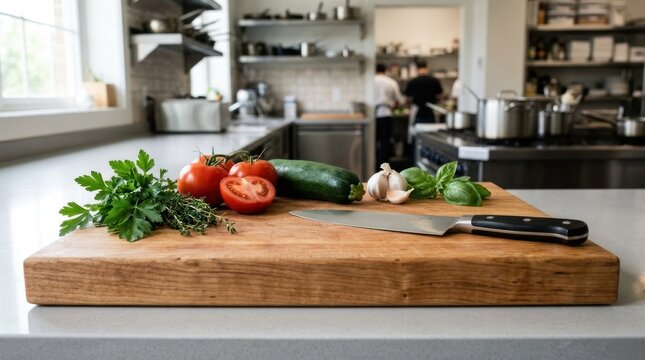 A wooden cutting board with fresh vegetables and a knife on a modern kitchen counter.