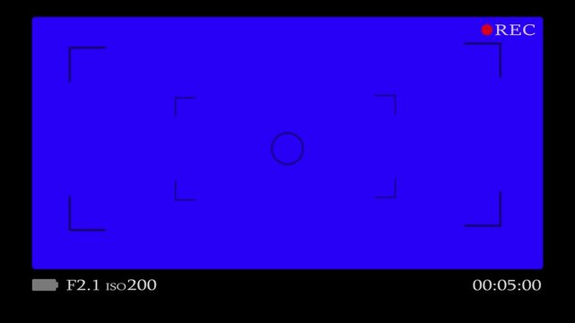 A Digital Camcorder Viewfinder Interface Featuring A Bright Blue Screen Display With Recording Status Indicators Focus Brackets Battery Status And Timer Overlay For Professional Film Production And Vi