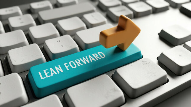 Keyboard key pointing forward with orange arrow on turquoise bar among gray computer keys, symbolizing progress, navigation, direction, ambition, and forward movement in technology