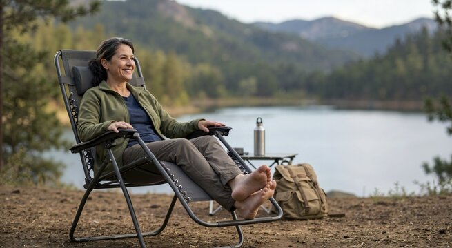 Portable zero gravity camping chair. Travel, leisure and hospitality details