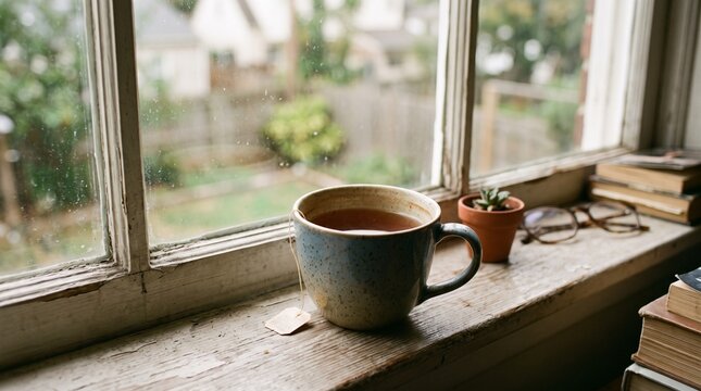 Half Drunk Tea Cup Cold Forgotten Windowsill Ordinary Moment
