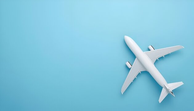 Flat Lay Travel Concept with Airplane on Blue Background, Minimal Aviation and Vacation Composition, Tourism Journey, Flight Planning, Holiday Destination and Transportation