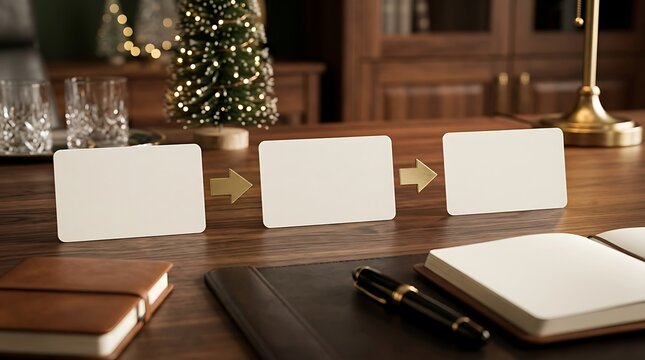 Blank business cards for new year planning on desk with tree