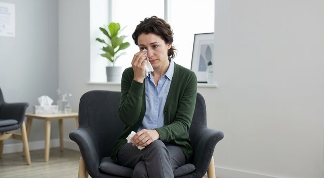 Patient wiping tears with tissue. Support services and interpersonal communication