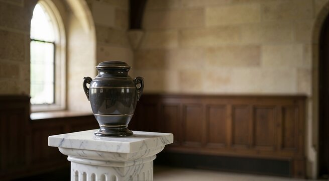 Cremation urn on marble pedestal. Funeral traditions and remembrance