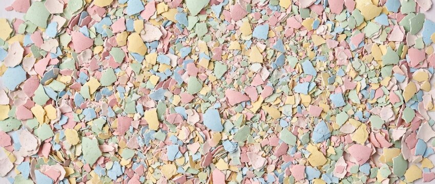 Crushed pastel eggshell texture flat lay. Multicolored cracked Easter egg shell background