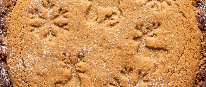 Close up of a baked gingerbread cookie surface with embossed snowflake and reindeer. Brown holiday dessert texture sprinkled with sugar