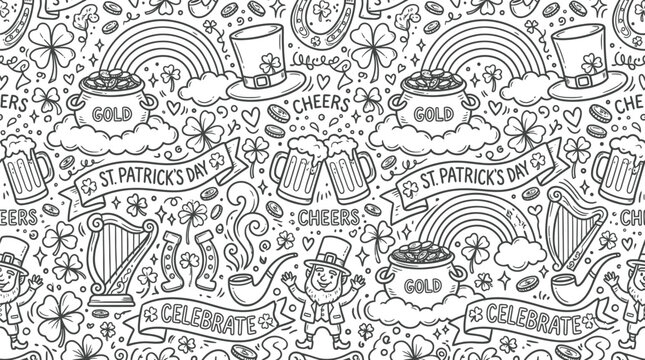 Hand Drawn St Patricks Day Doodle Pattern With Lucky Irish Symbols