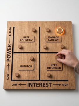 Hand interacting with a wooden Power Interest Stakeholder Mapping Grid concept board on a white background