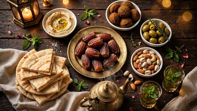 Ramadan iftar dinner table with dates hummus falafel pita bread and