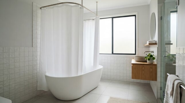 A modern, minimalist bathroom with a white bathtub, white shower curtain, and white tiles on the walls and floor.