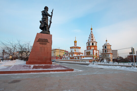Monument to Yakov Pokhabov, the Kazakh pioneer considered the founder of Irkutsk, on the Angara River.