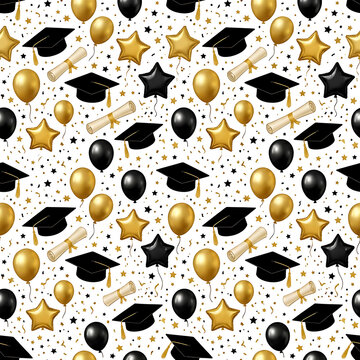 Graduation caps golden balloons and diplomas celebration pattern
