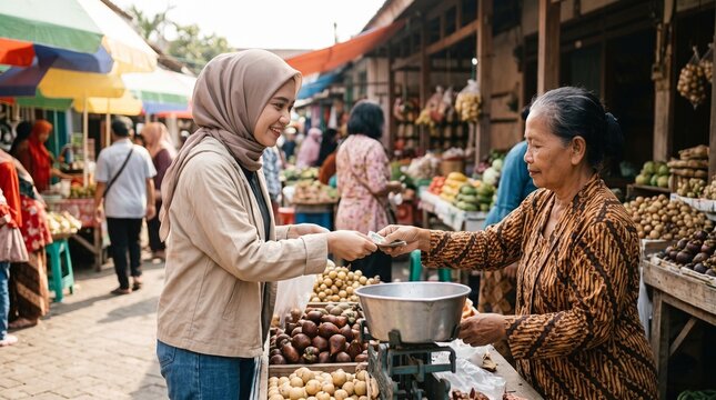 Friendly young Indonesian woman in hijab paying elderly local vendor for fresh fruits at busy traditional street market, authentic daily life transaction, natural connection