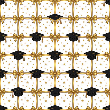 Graduation caps and golden ribbons seamless pattern background