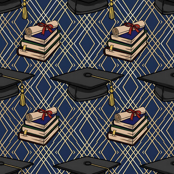 Graduation caps and books on blue plaid pattern background