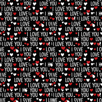 I love you typography text and hearts seamless pattern on black background