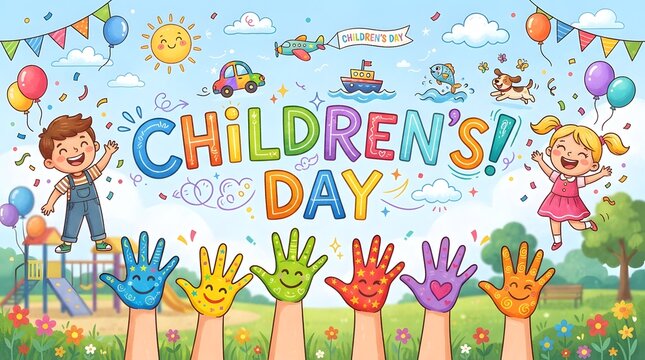 Colorful Children&rsquo;s Day Illustration with Diverse Children Playing in a Garden Under Festive Bunting