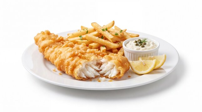 Crispy fish and chips with french fries and tartar sauce