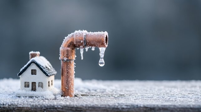 Miniature House and Frozen Pipe During Winter Frost