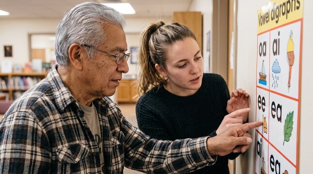 Elderly man learning with a teacher pointing at vowel digraphs chart in a classroom setting