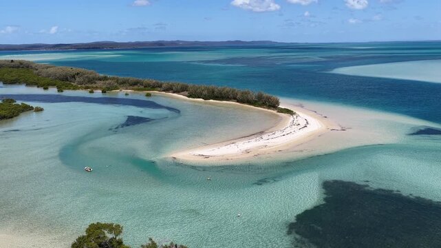 Aerial view of the Day's Gutter sand bank and lush mangroves on Moreton Island in Kooringal, Queensland, Australia.