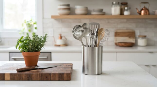 A kitchen scene with a wooden cutting board, a stainless steel utensil holder, and a potted plant.