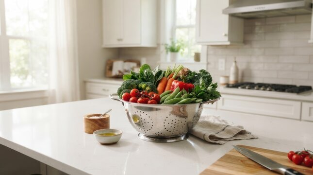 A kitchen scene with a stainless steel colander containing a variety of fresh vegetables, including tomatoes, carrots, and broccoli.