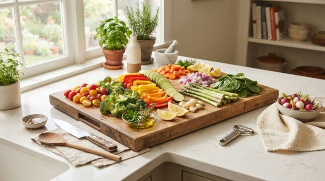 A wooden cutting board with a variety of fresh vegetables on a kitchen countertop.