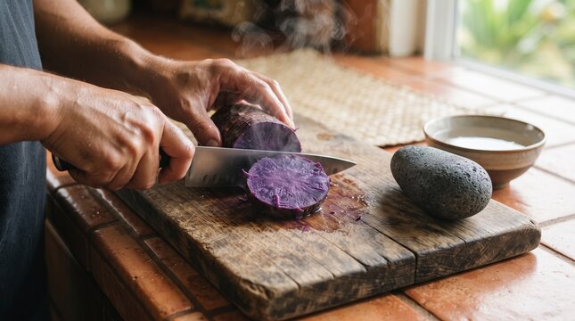 Preparing Steamed Hawaiian Taro Corm for Kui Ai Poi Pounding